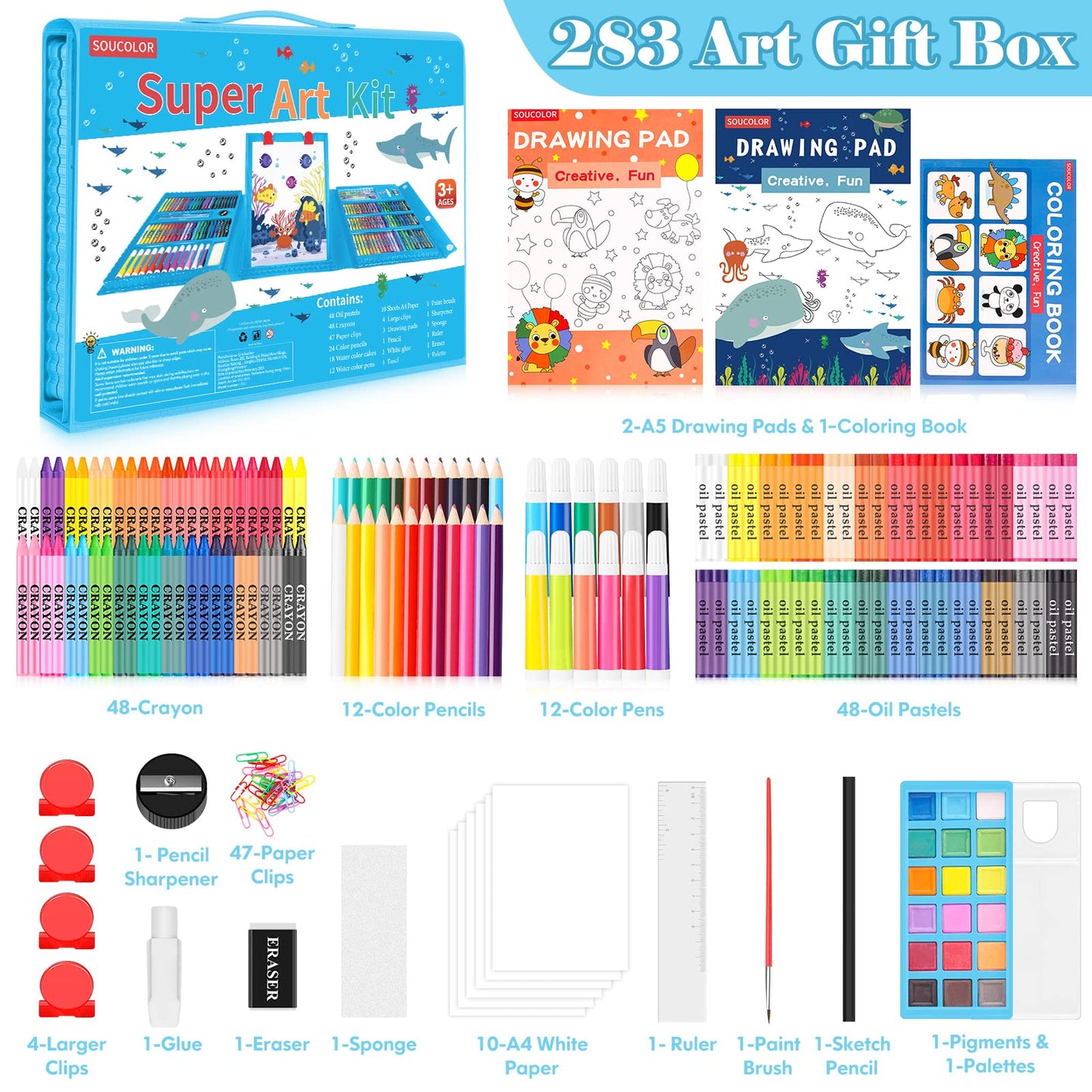 Soucolor 283 Pcs Art Supplies Drawing Set Easel Pads Coloring Book Gift