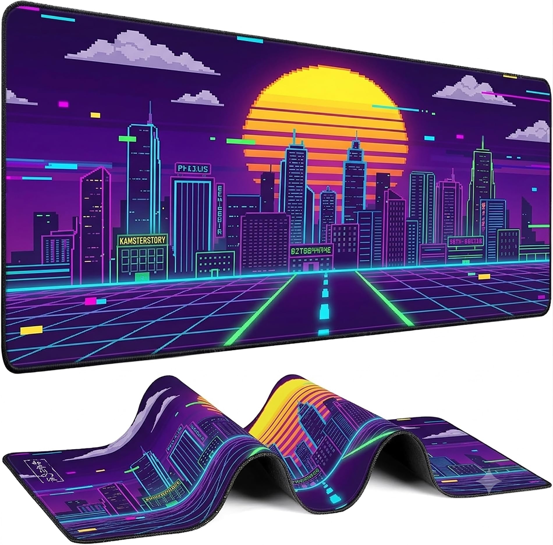 XXL Extended Gaming Mouse Pad, Cyberpunk Neon Synthwave Desk Mat Pixel