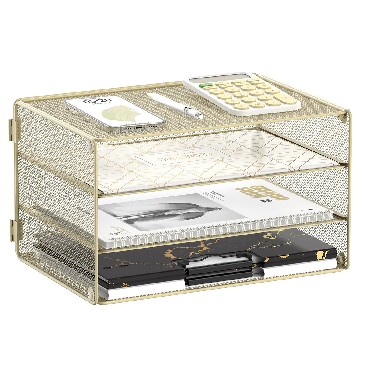 DALTACK 3 Tier Letter Tray Paper Organizer with Sliding Mesh Trays Yellow