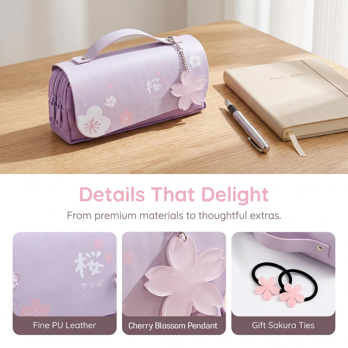 JELLYEA Kawaii Cherry Blossom Pencil Bag Pink Sweet Pencil Case, Pink