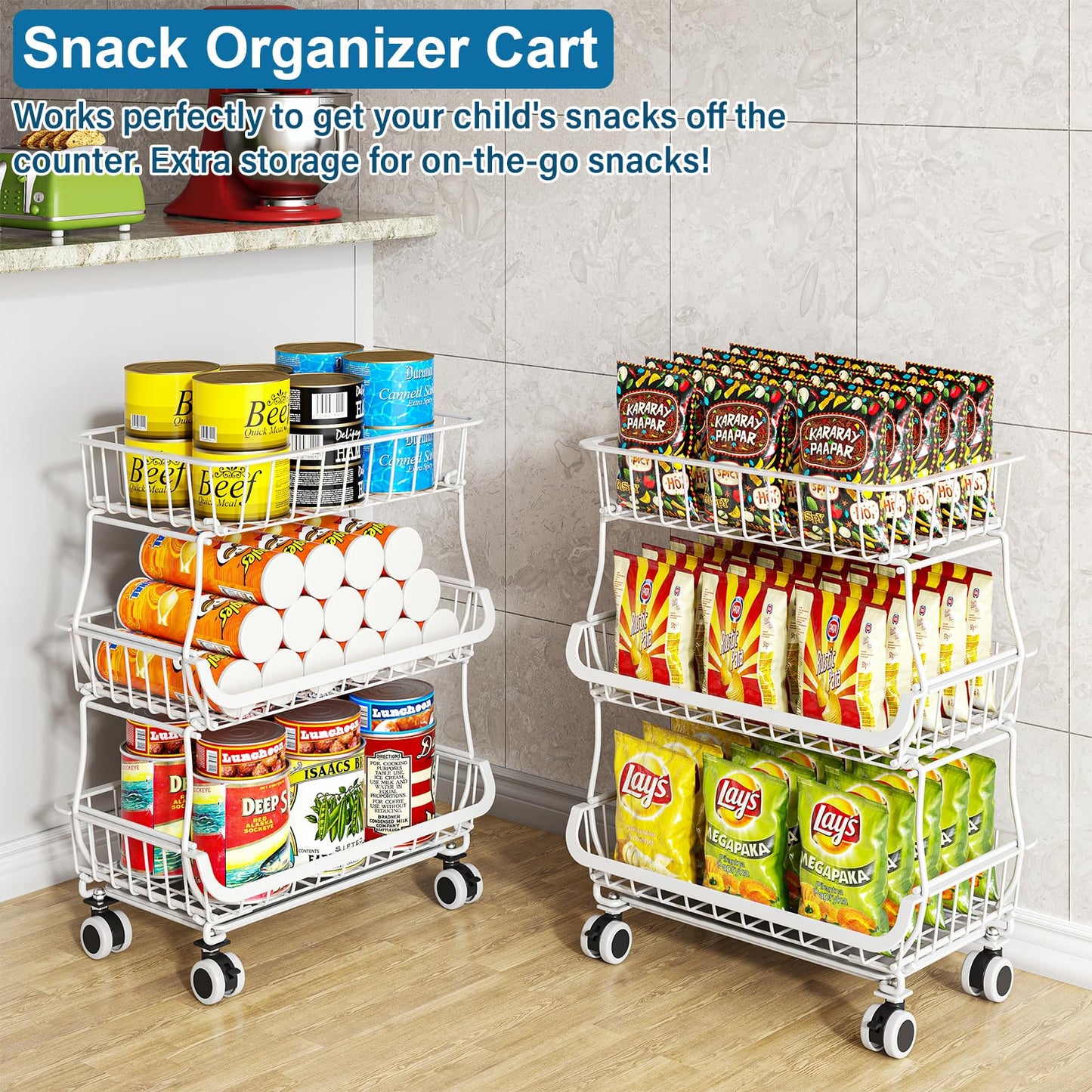 OKZEST 3-Tier Rolling Pantry Floor Organizers and Storage Cart with Wheels