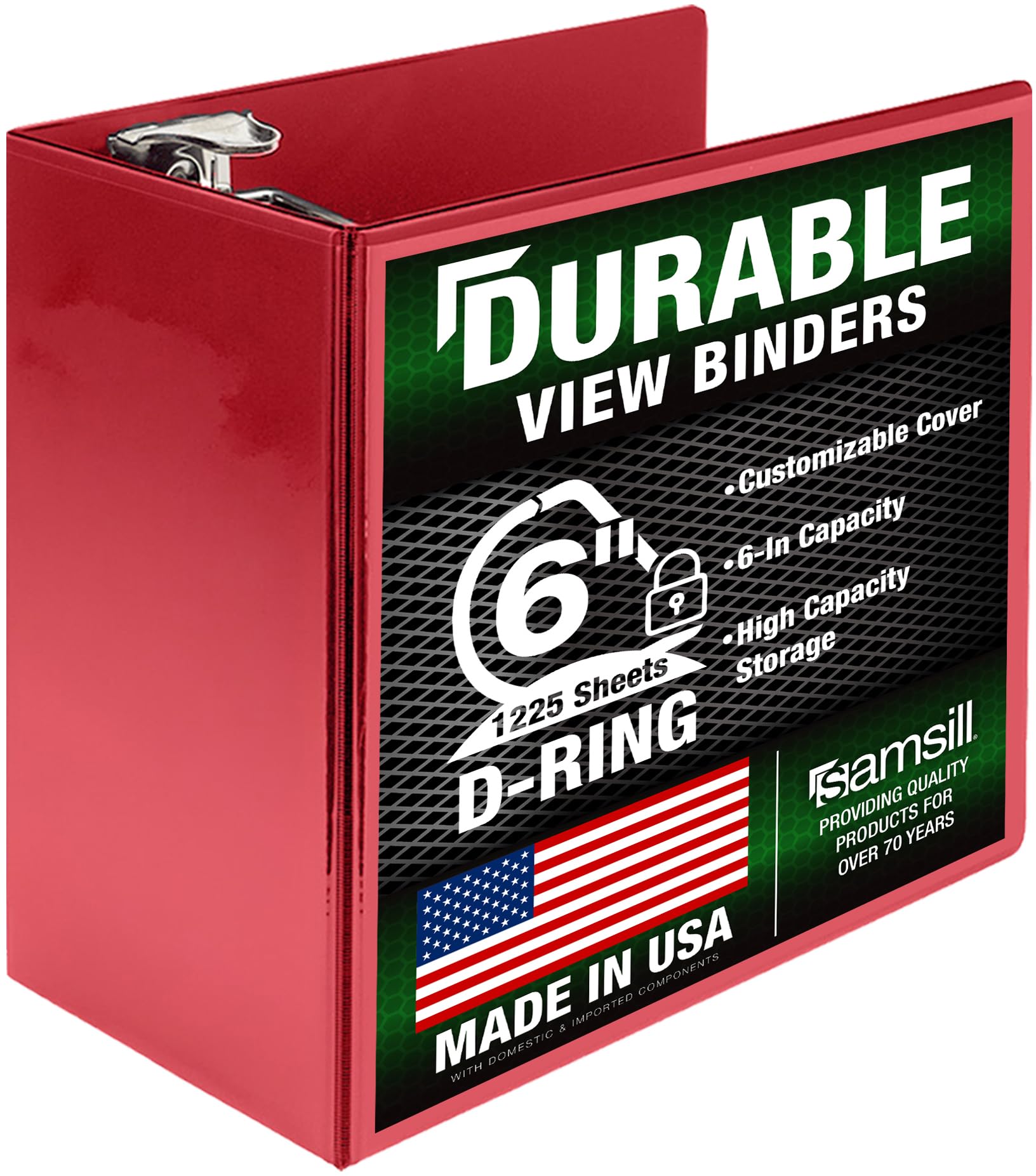 Samsill Durable 6 inch 3 Ring Binder, Locking D Ring Binder, Customizable Clear View Cover, Red