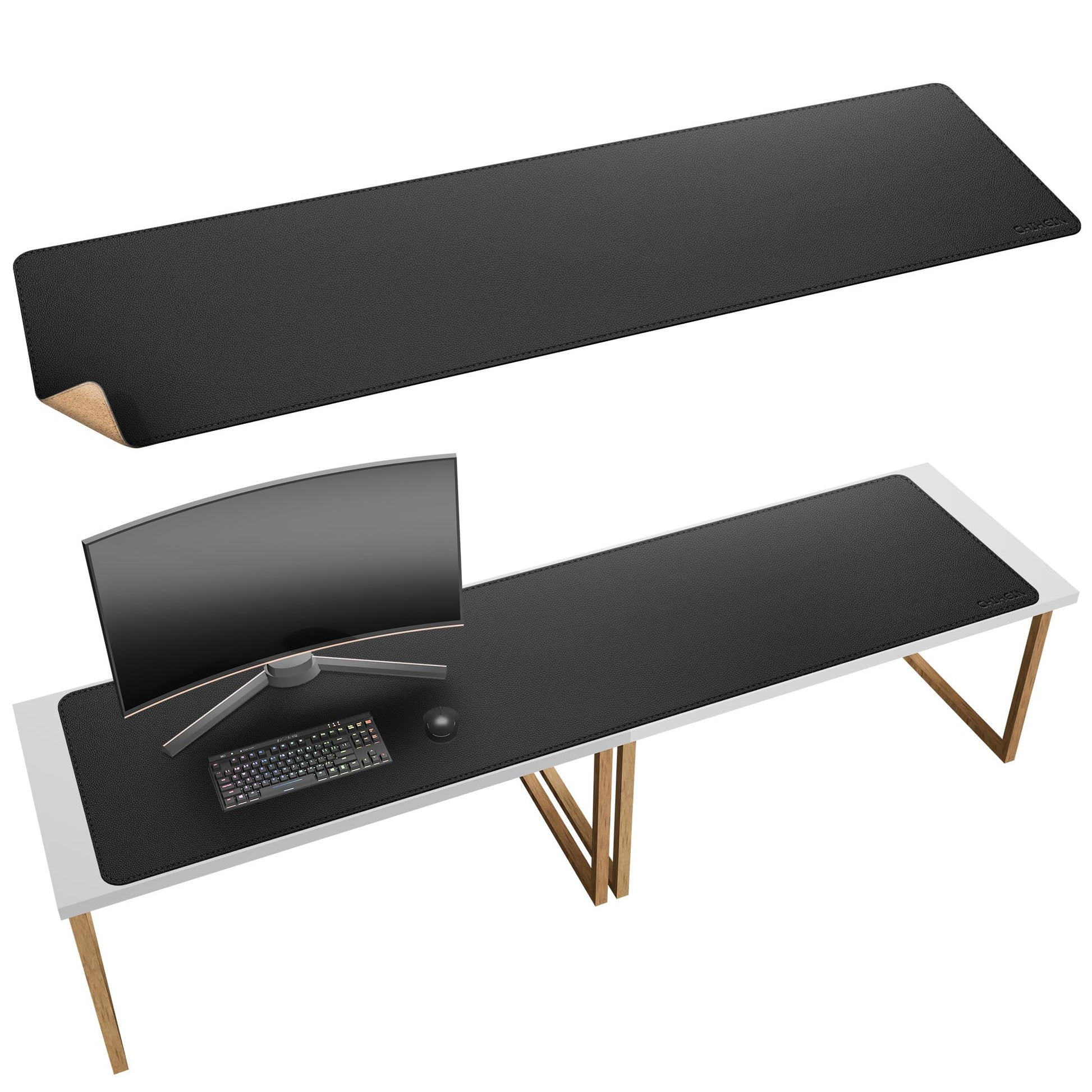Chihein 71” x 20” Cork & PU Leather Desk Mat (Black) - Huge Mouse Pad, Double Sided Waterproof Desk
