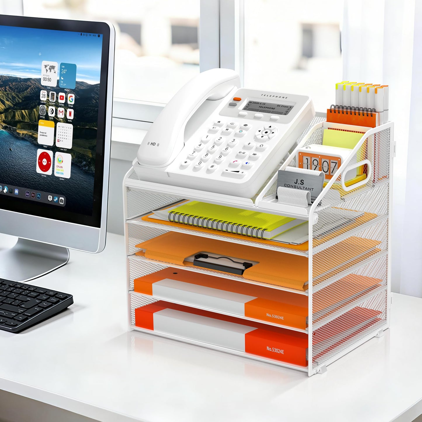 DocNest 5 Tier Metal Mesh Desk File Organizer with Phone Shelf, White