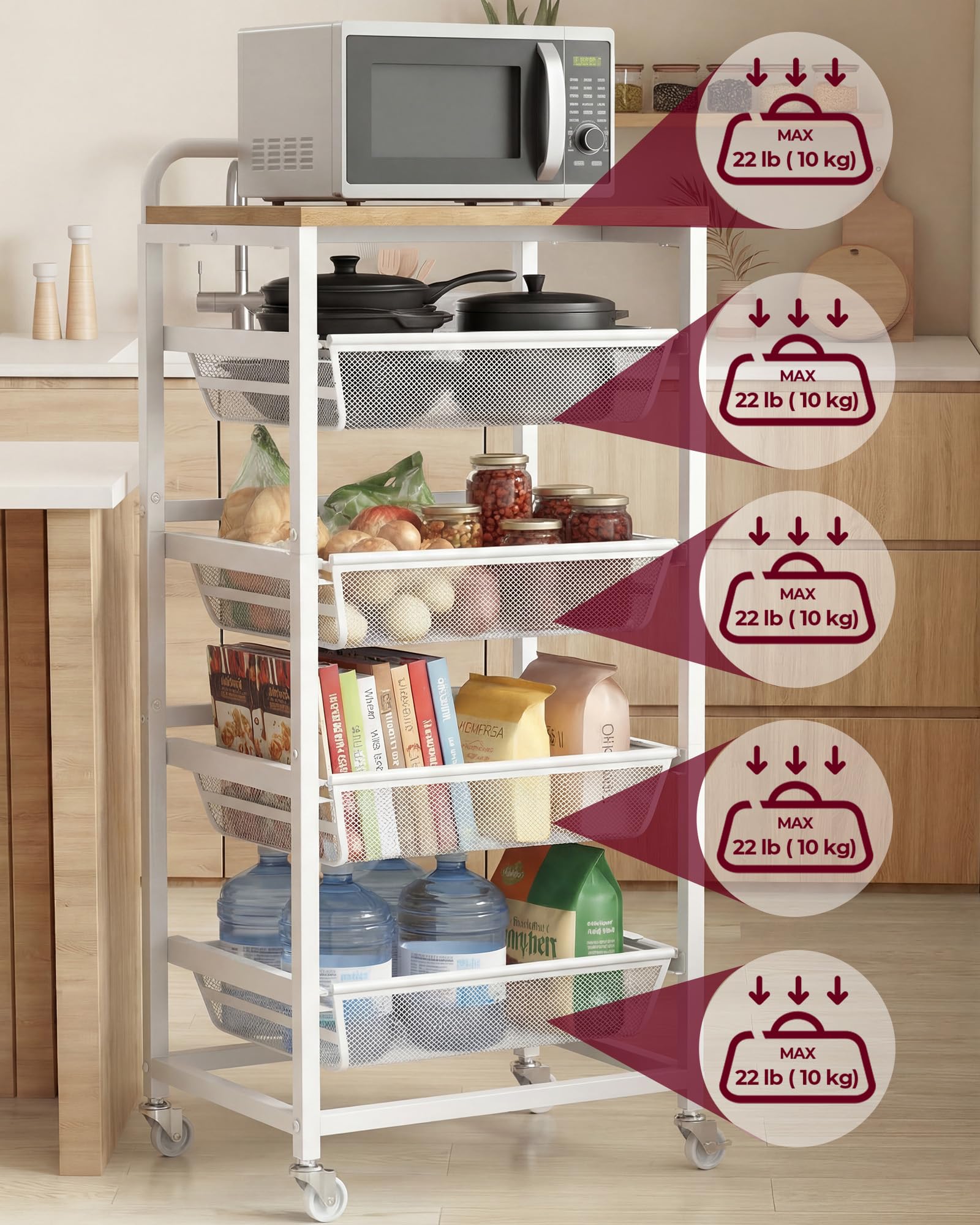 VASAGLE 5-Tier Storage Rolling Cart Organizer with Pull-Out Baskets