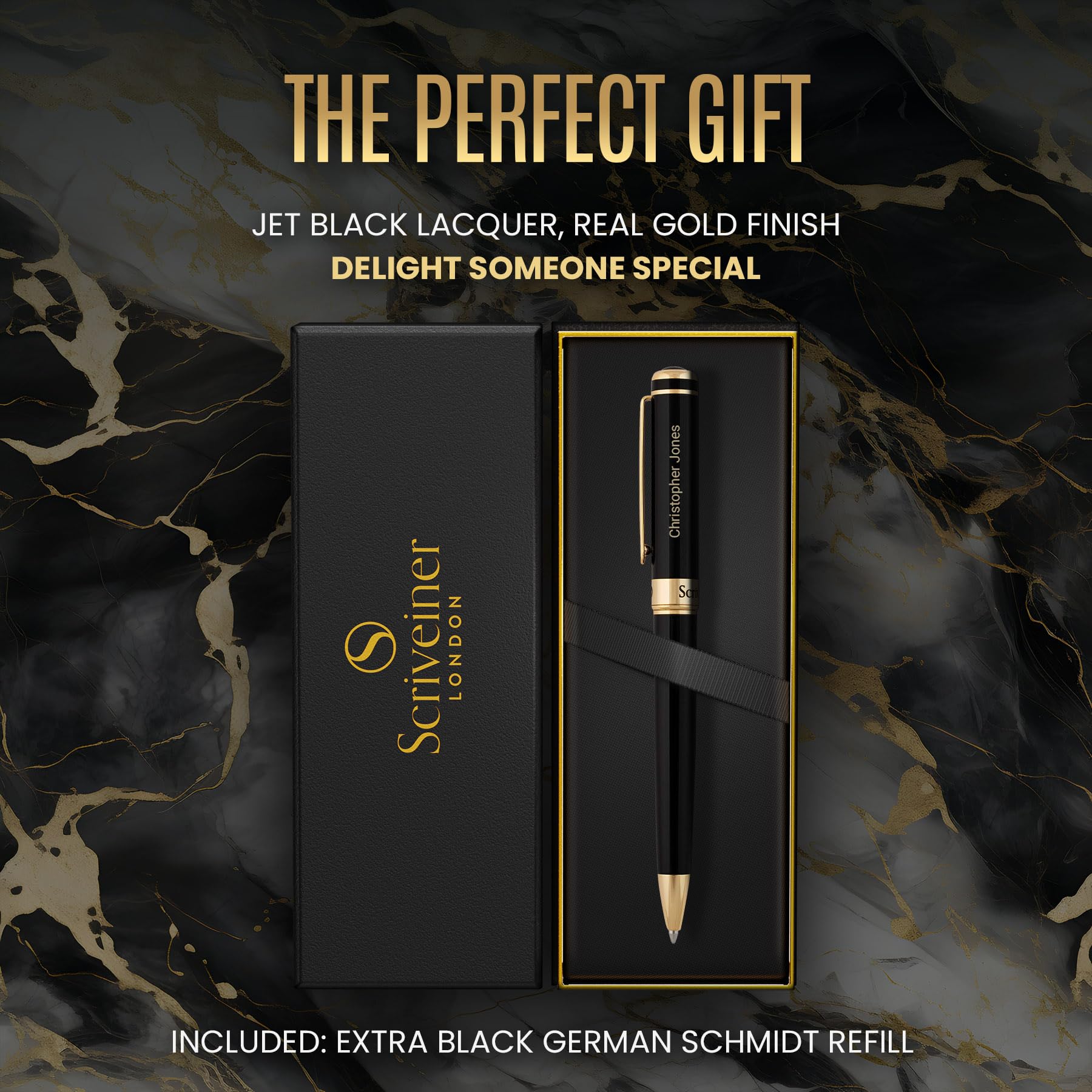 Scriveiner Personalized Black Ballpoint Pen - Stunning Luxury Pen, Jet Black Lacquer, Real Gold