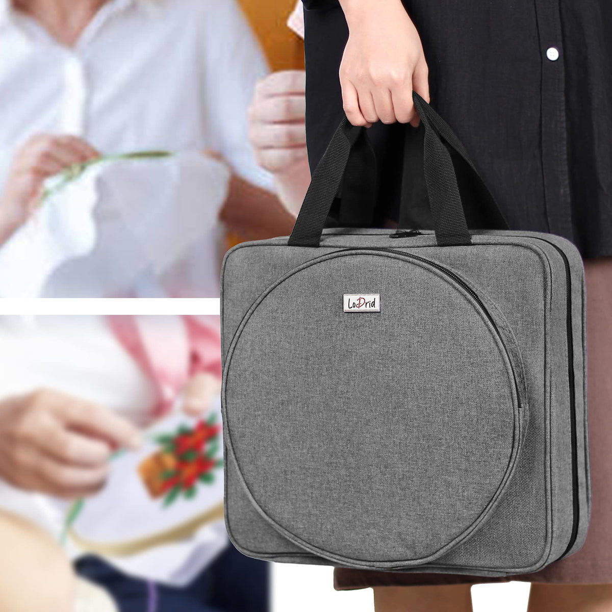 LoDrid Embroidery Project Bag, Square Supplies Storage Tote, Gray, Bag Only