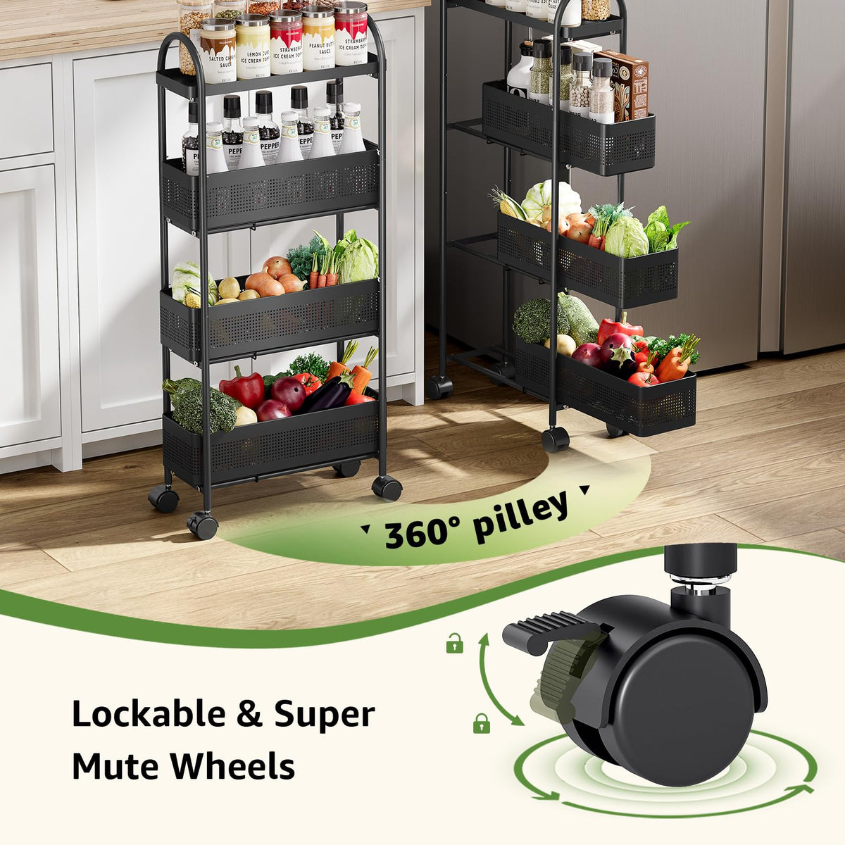 KINGRACK 4 Tier Slim Rolling Cart with Drawer, Metal Utility Storage Cart