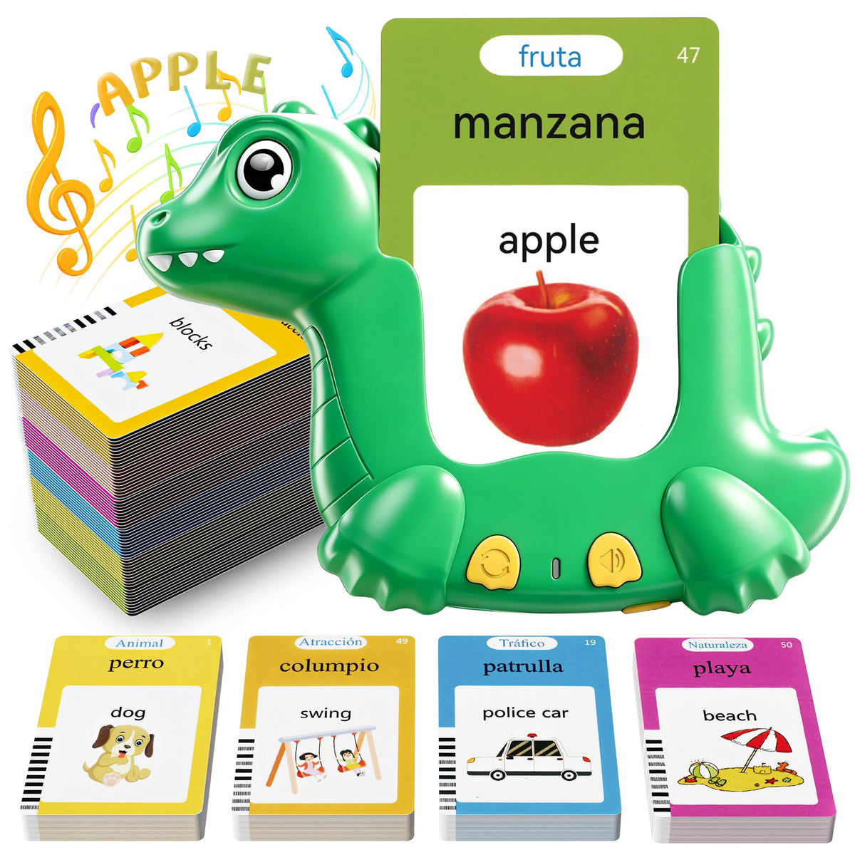 Spanish and English Talking Flash Cards for Kids, 510 Words, Dino Shaped