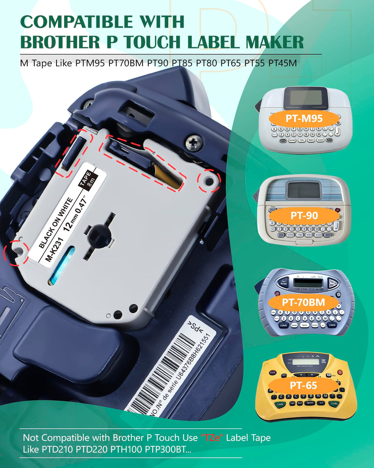 TITBIT 6Pack Compatible M Tape for PT-M95 PT-90 PT-70BM for Brother P Touch