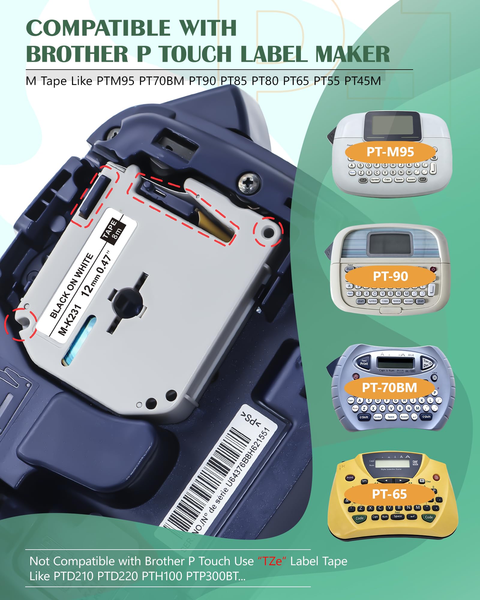 TITBIT 6Pack Compatible M Tape for PT-M95 PT-90 PT-70BM for Brother P Touch