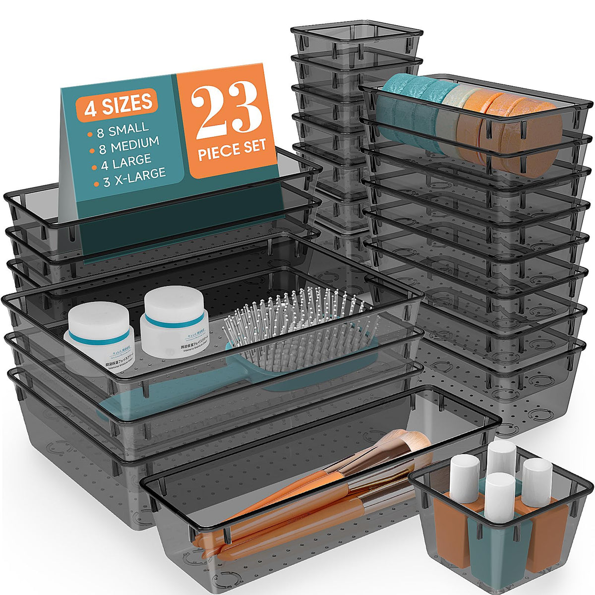 23 PCS Plastic Drawer Organizers Set, 4 Size Desk Drawer Organizer Trays