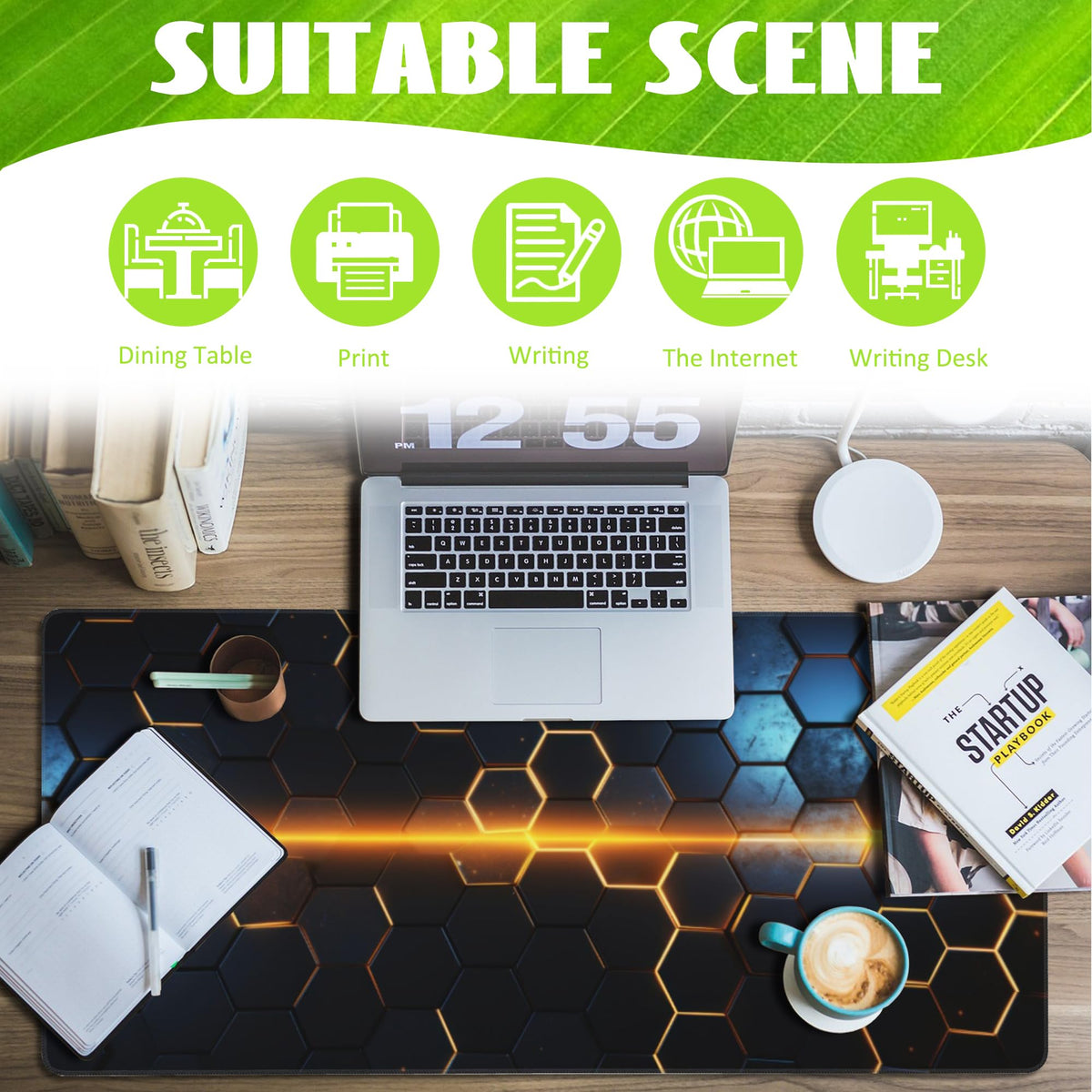 Eflxamz Large Gaming Mouse Pad,Golden Lines Honeycomb Technology Desk Mat,Honeycomb Technology Desk