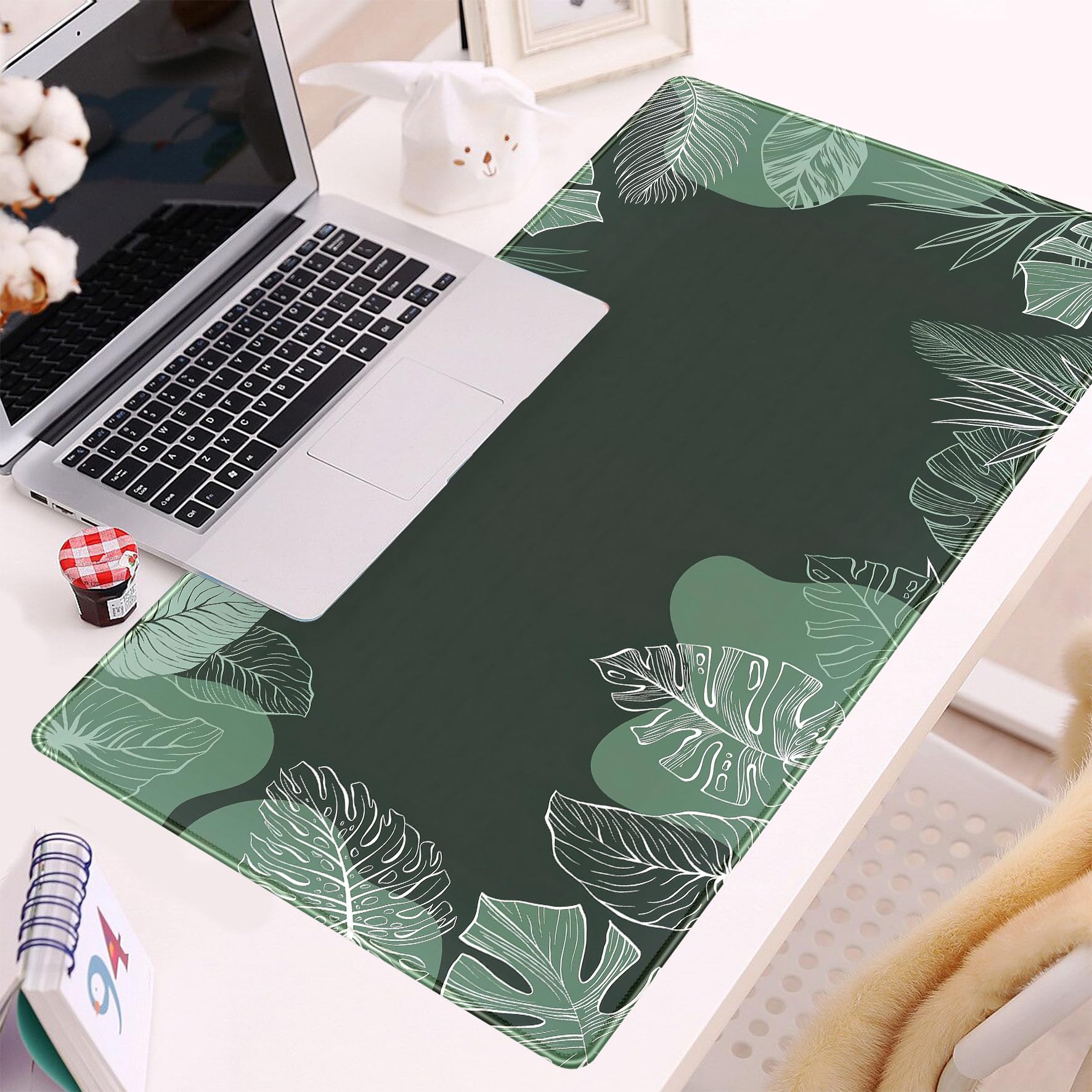 Green Plants Desk Mat Tropical Leaves Mouse Pad Cute, Large Extendded Gaming Deskmat, XXL Laptop