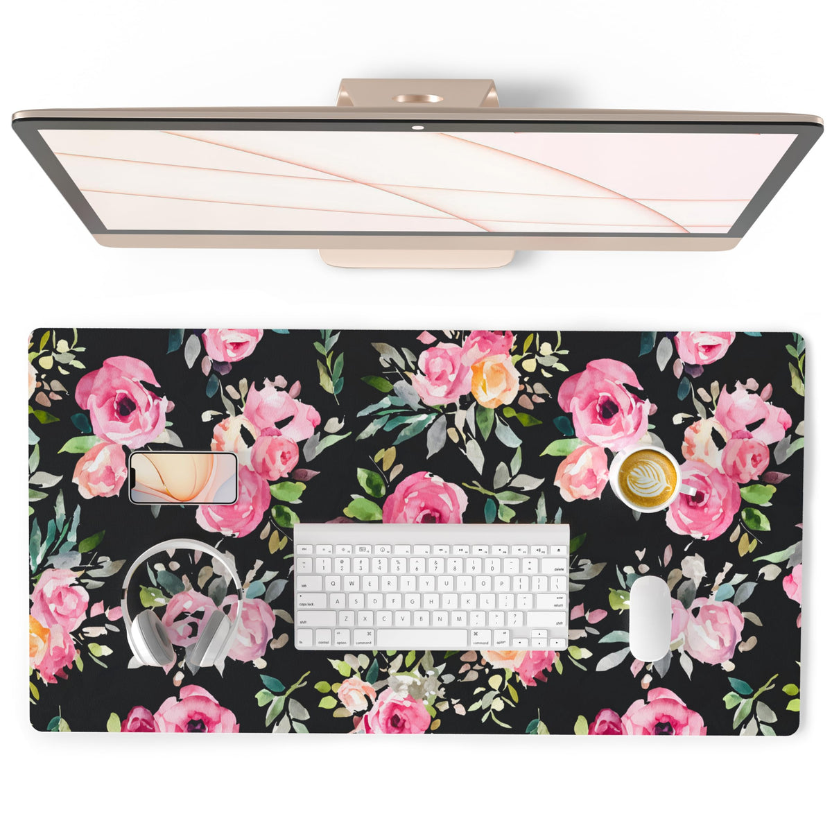 QiyI PU Leather Large Mouse Pad, Office Décor, 31.5" x 15.7", Pink Flowers