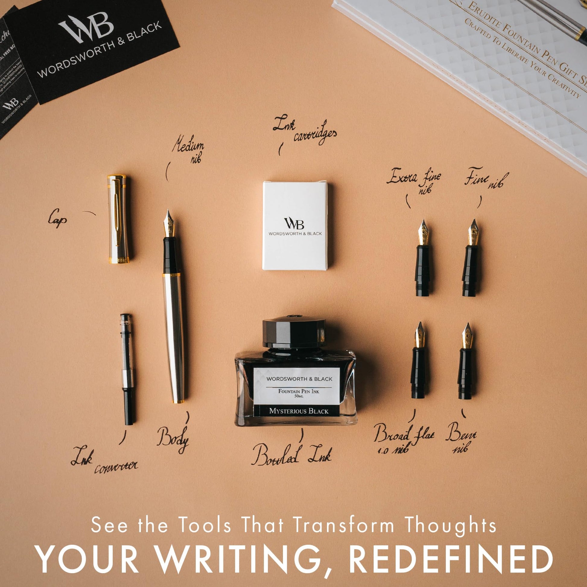 Wordsworth & Black Luxury Fountain Pen Set for Writing, 6 Nibs, Silver Gold