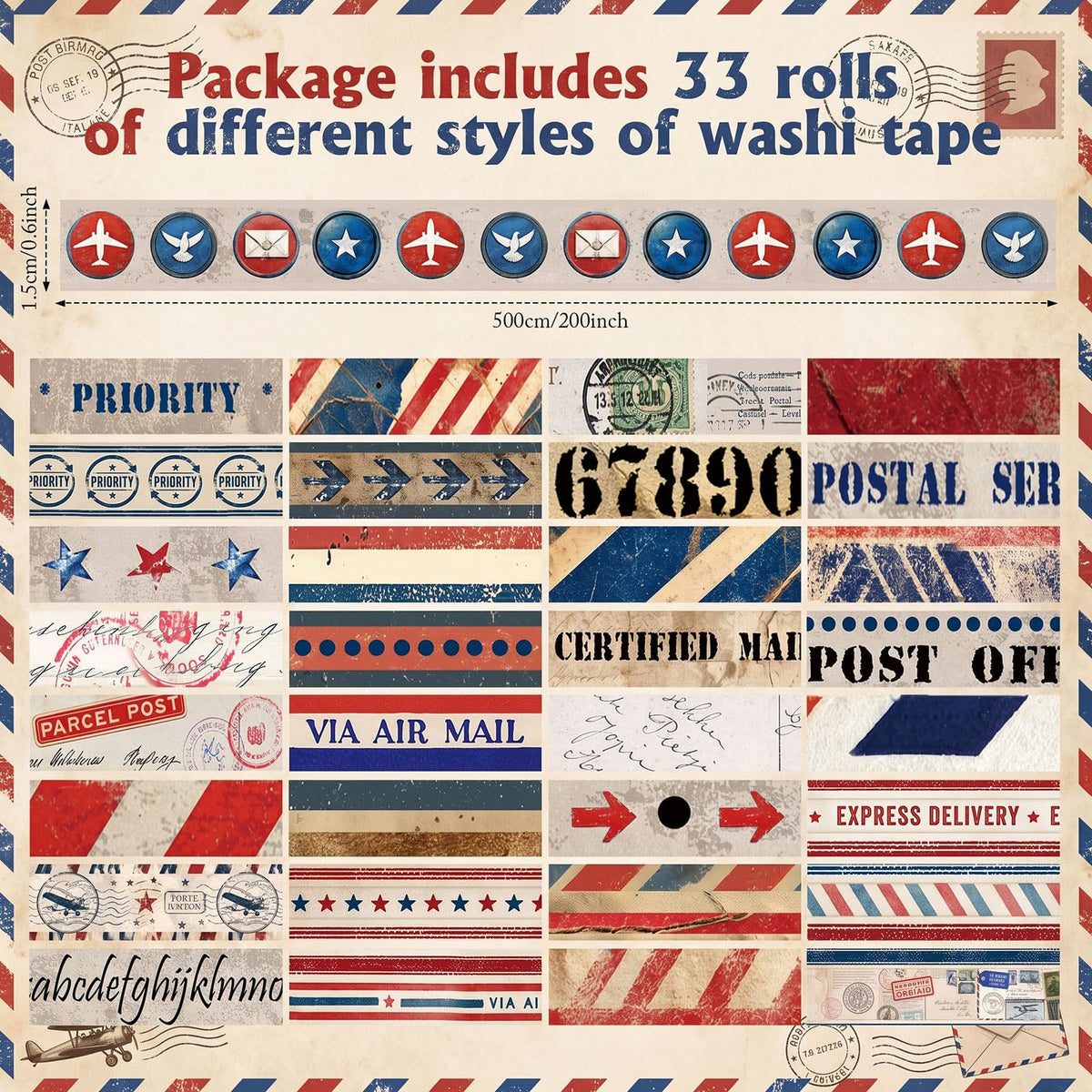 TaoBary 33 Rolls Washi Tape Set, 15mm Holiday Seasonal,Postal Style