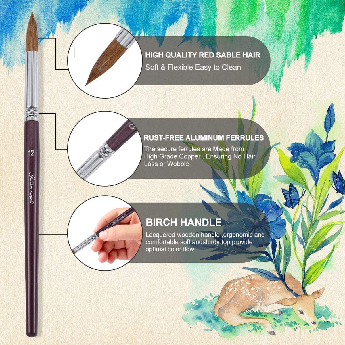Golden Maple Professional Watercolor Brushes Set - 6PC Natural Hair Horsehair Round Point Artist