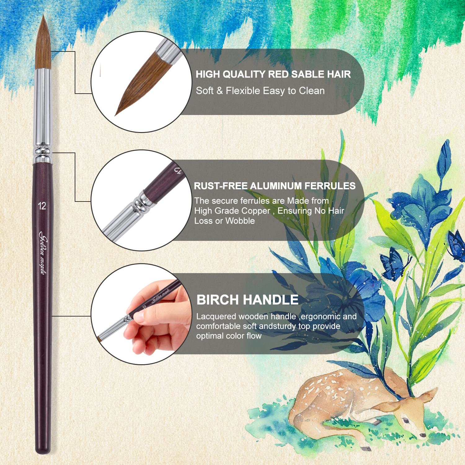 Golden Maple Professional Watercolor Brushes Set - 6PC Natural Hair Horsehair Round Point Artist