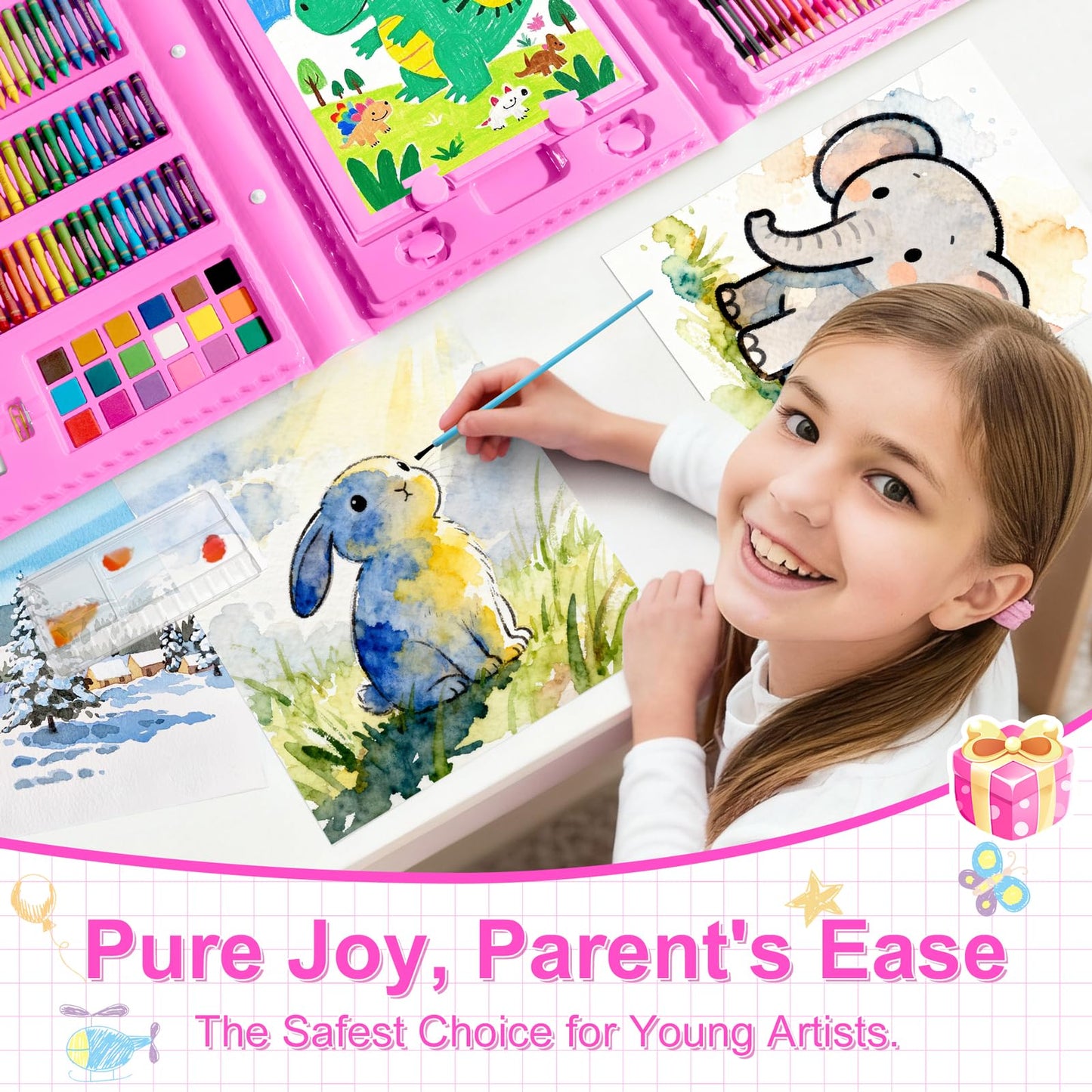 GOTIDEAL Art Supplies, Kids Art Set, 210 PCS Art Kit, Age 6-12, Pink