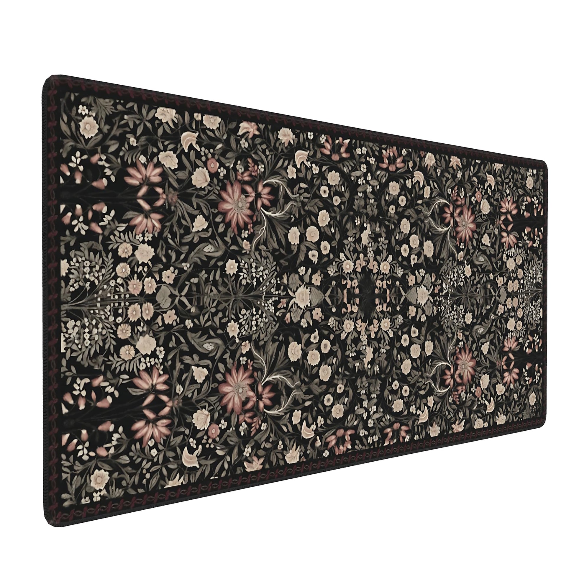 Floral Aesthetic Wildflower Gaming Mouse Pad, Black Rug Desk Mat with Anti-Slip Base & Stitched