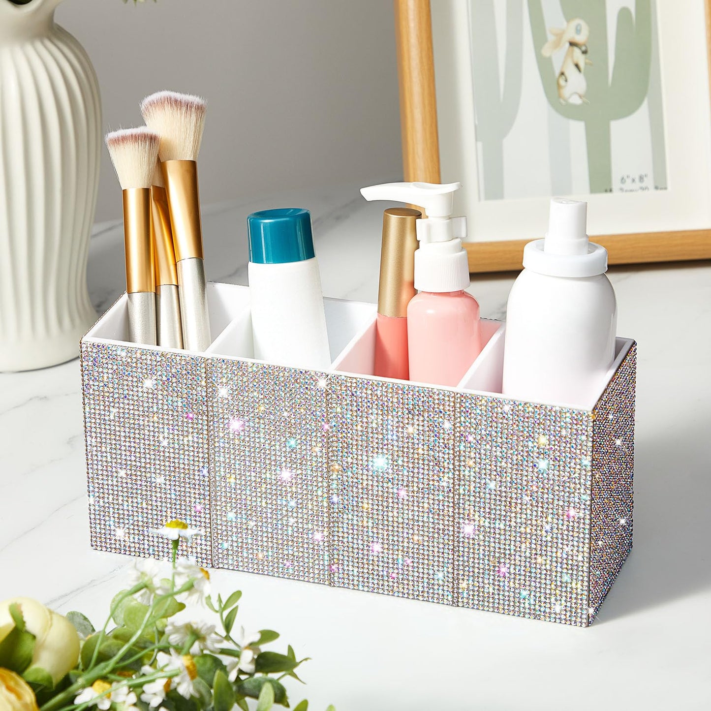 Resholder Rhinestone Desk Organizer, White Pen Makeup Brush Holder