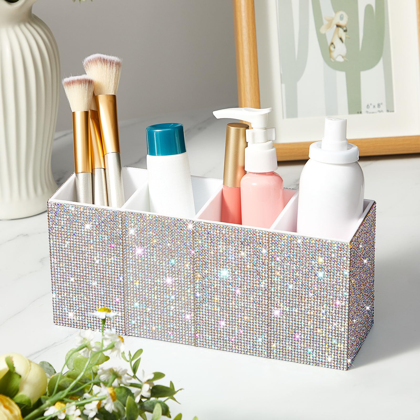 Resholder Rhinestone Desk Organizer, White Pen Makeup Brush Holder