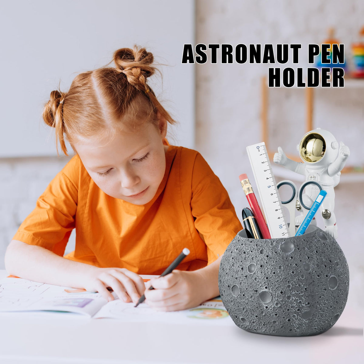 Kimdio Pen Holder, Astronaut Stand for Desk Pencil Holder, Resin Desk Moon Organizer Decorative