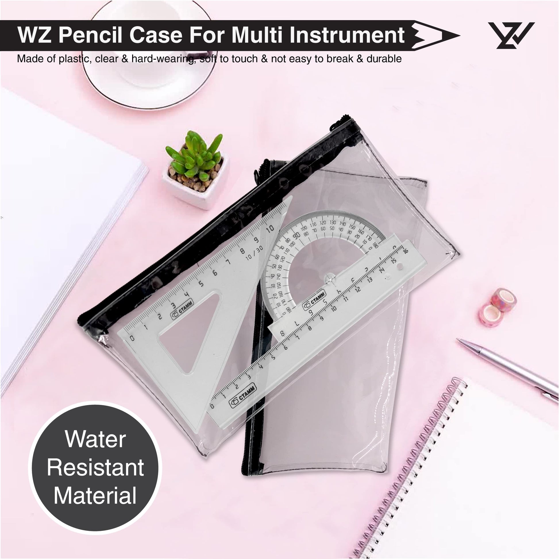 WZ Transparent PVC Pencil Cases - Clear Pencil Case with Zipper - For Girls & Boys (Pack of 2)