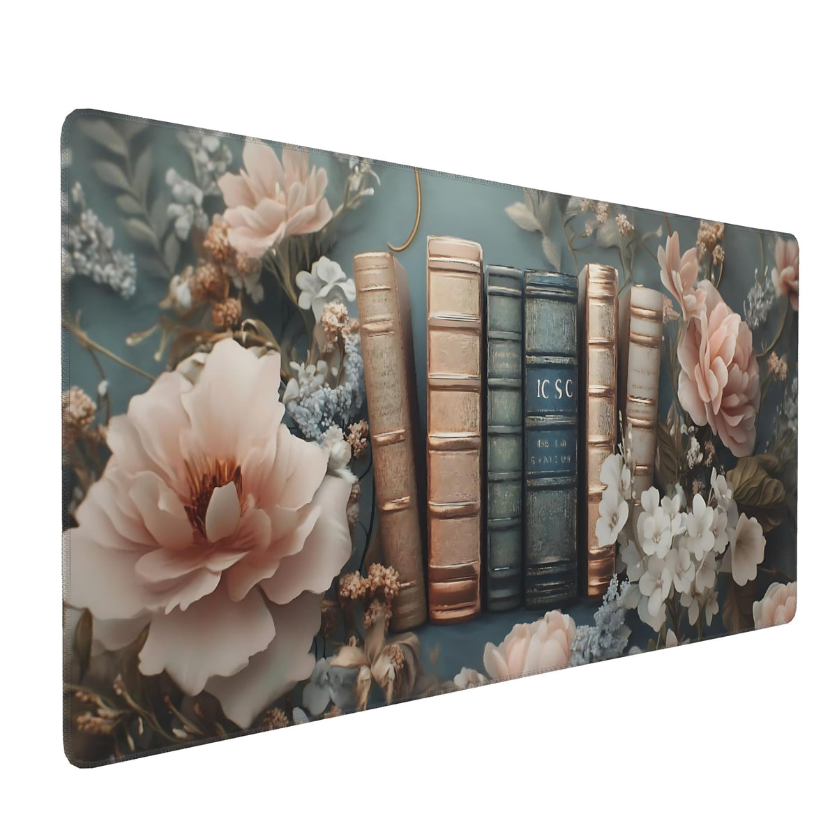 Floral Aesthetic Book Gaming Mouse Pad, Morandi Rococo Desk Mat with Anti-Slip Base & Stitched