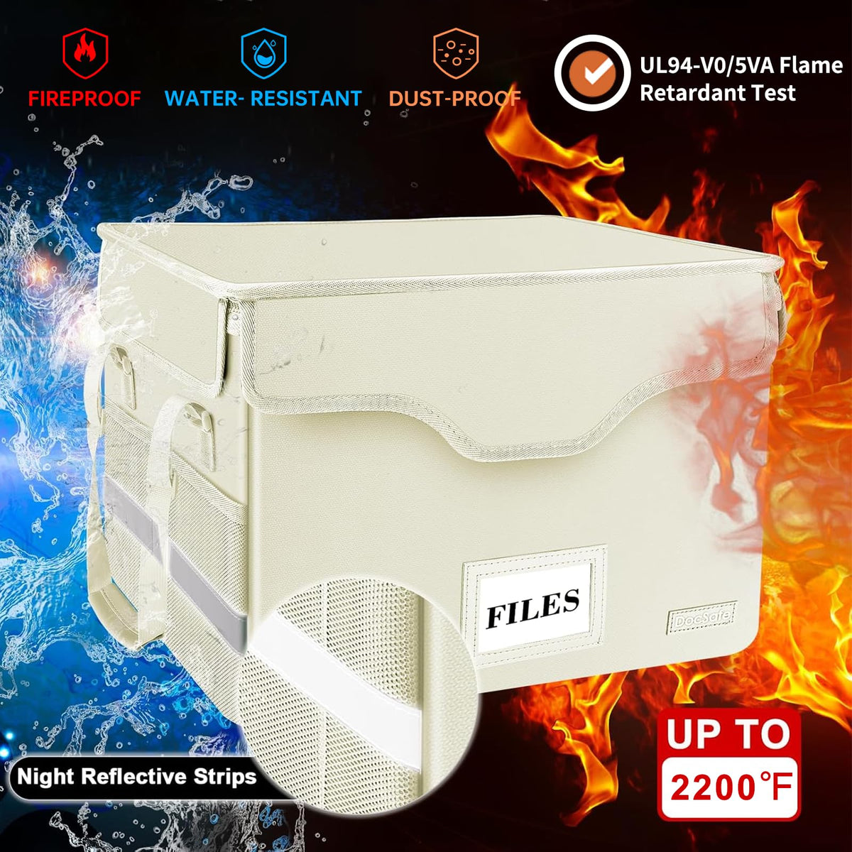 DocSafe Fireproof Document Box with Lock,File Storage Organizer with Zipper Pockets,Collapsible
