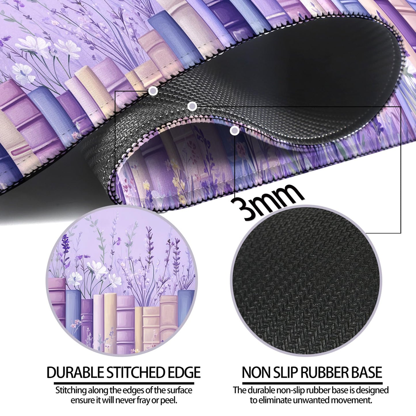 JIANG100 Pretty Wildflower and Book Gaming Desk Mat & Mouse Pad, Purple, XL