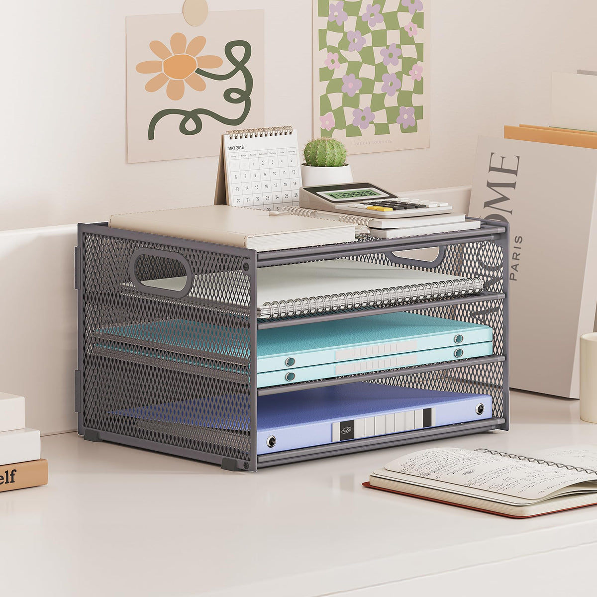 4 Tier Gray Paper Organizer for Desk,Trays for Classroom File Folder