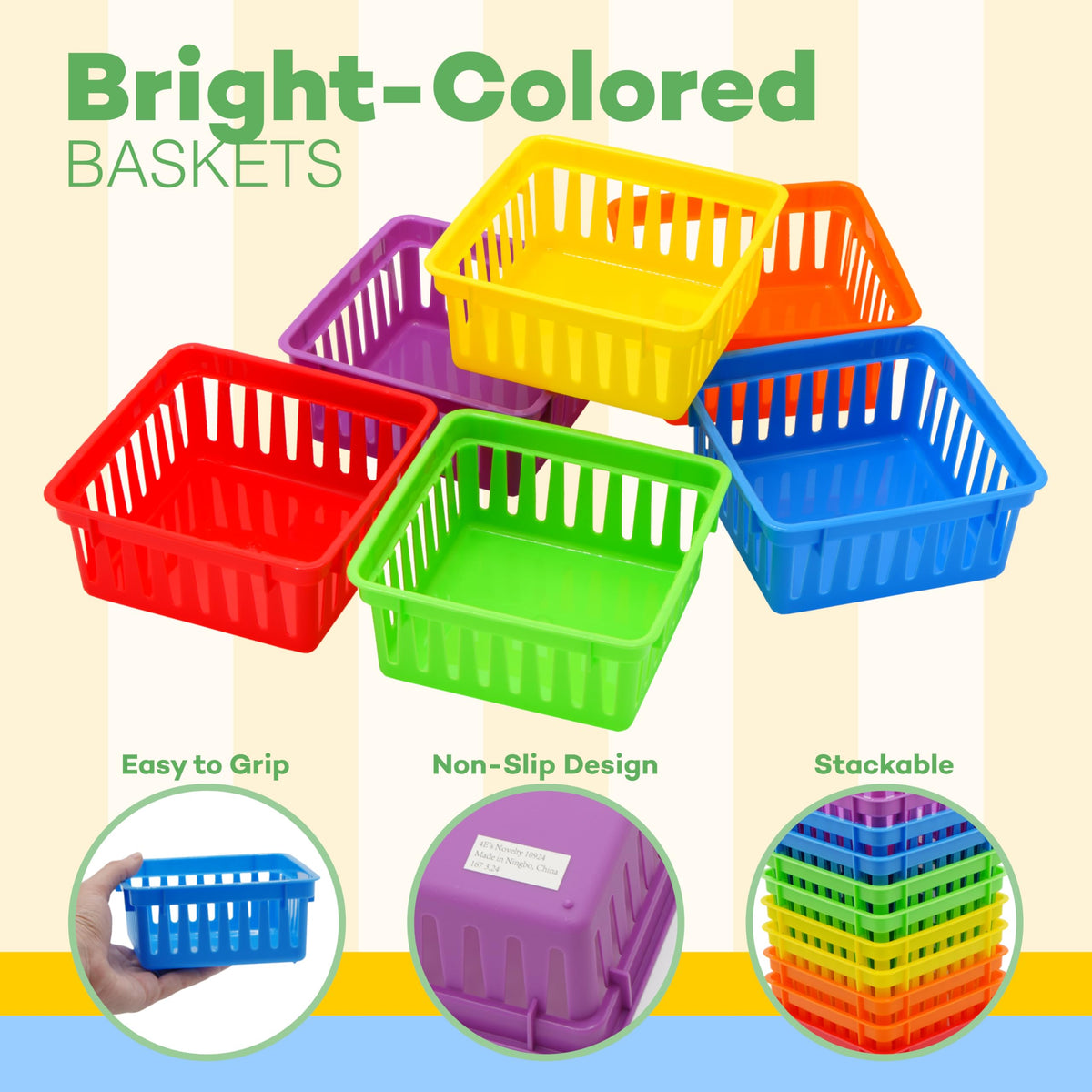 4E's Novelty 12 Pack Small Classroom Storage Baskets, Square 4.5" Sturdy Plastic Colorful Crayon &
