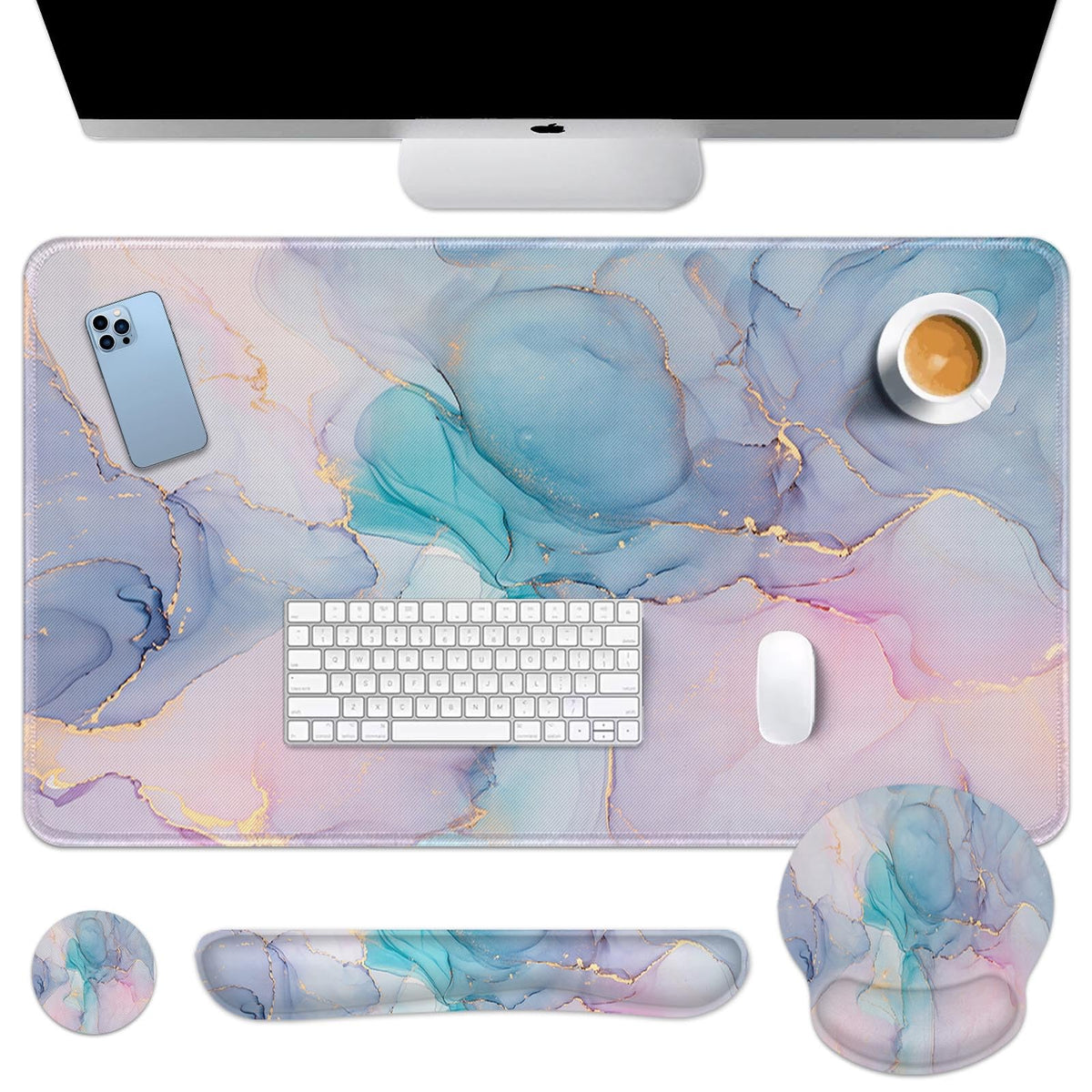 Britimes Keyboard Mouse Pad Set, 4 in 1 Desk Mat Set, Liquid Marbling