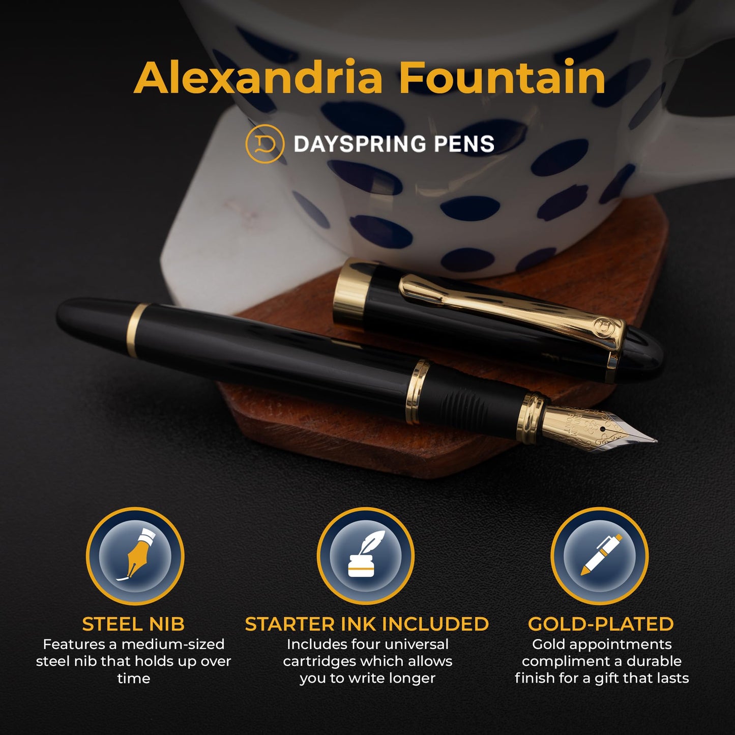Dayspring Pens Alexandria Personalized Fountain Pen in Black with Gold Trim