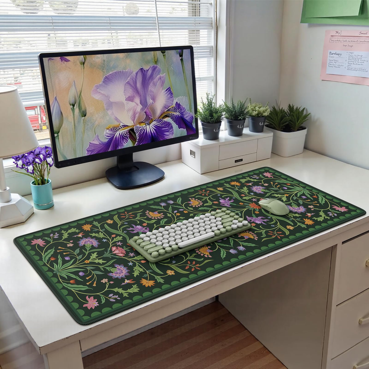 HAOCOO Moss Green Aesthetic Desk Pad, Large Keyboard Mat with Stitched Edge