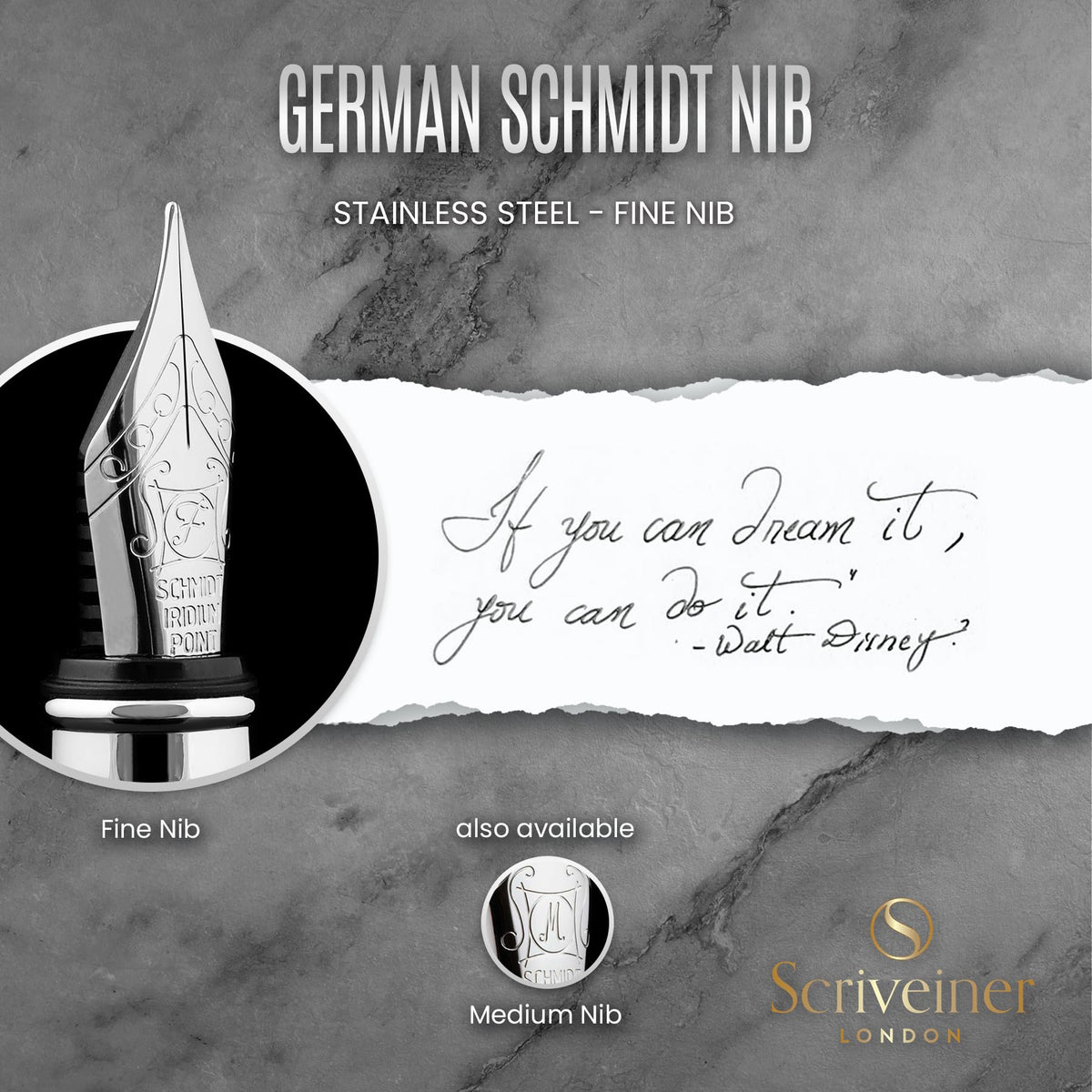 Scriveiner Stainless Steel Fountain Pen - Stunning Luxury Pen with Steel Finish, Schmidt Steel Nib
