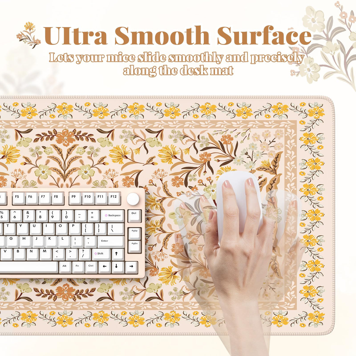 HAOCOO Large Desk Pad for Women Office, Cute Floral Mouse Mat(Brown)