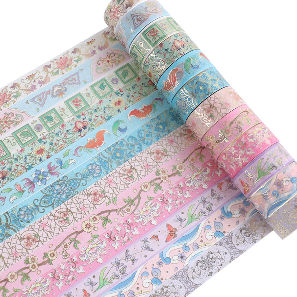 Esweny 12 Rolls Floral Washi Tape Set, Gold Foil Flower Decorative Washi Masking Tape, Botanical