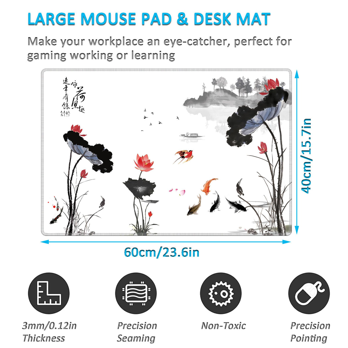 LL-COEUR XXL Landscape Gaming Mouse Pad Computer Keyboard Mat Office Desk Pad (Lotus, 23.6" x 15.7"