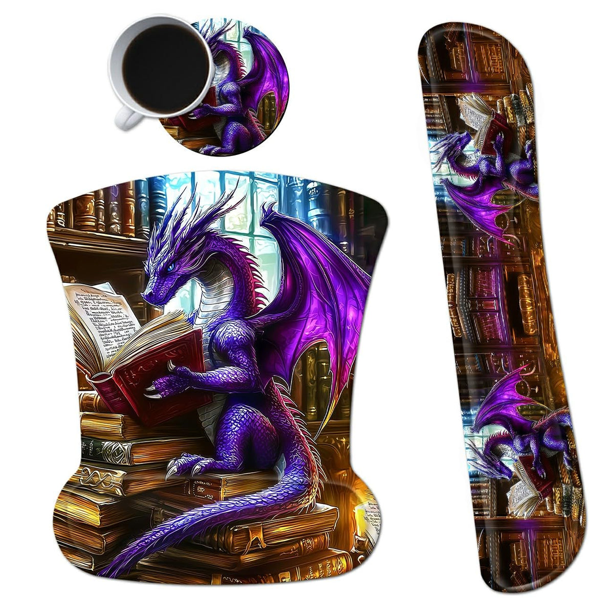 Dikoer 3Pcs Ergonomic Memory Foam Keyboard Wrist Rest Pad Set, Dragon Book