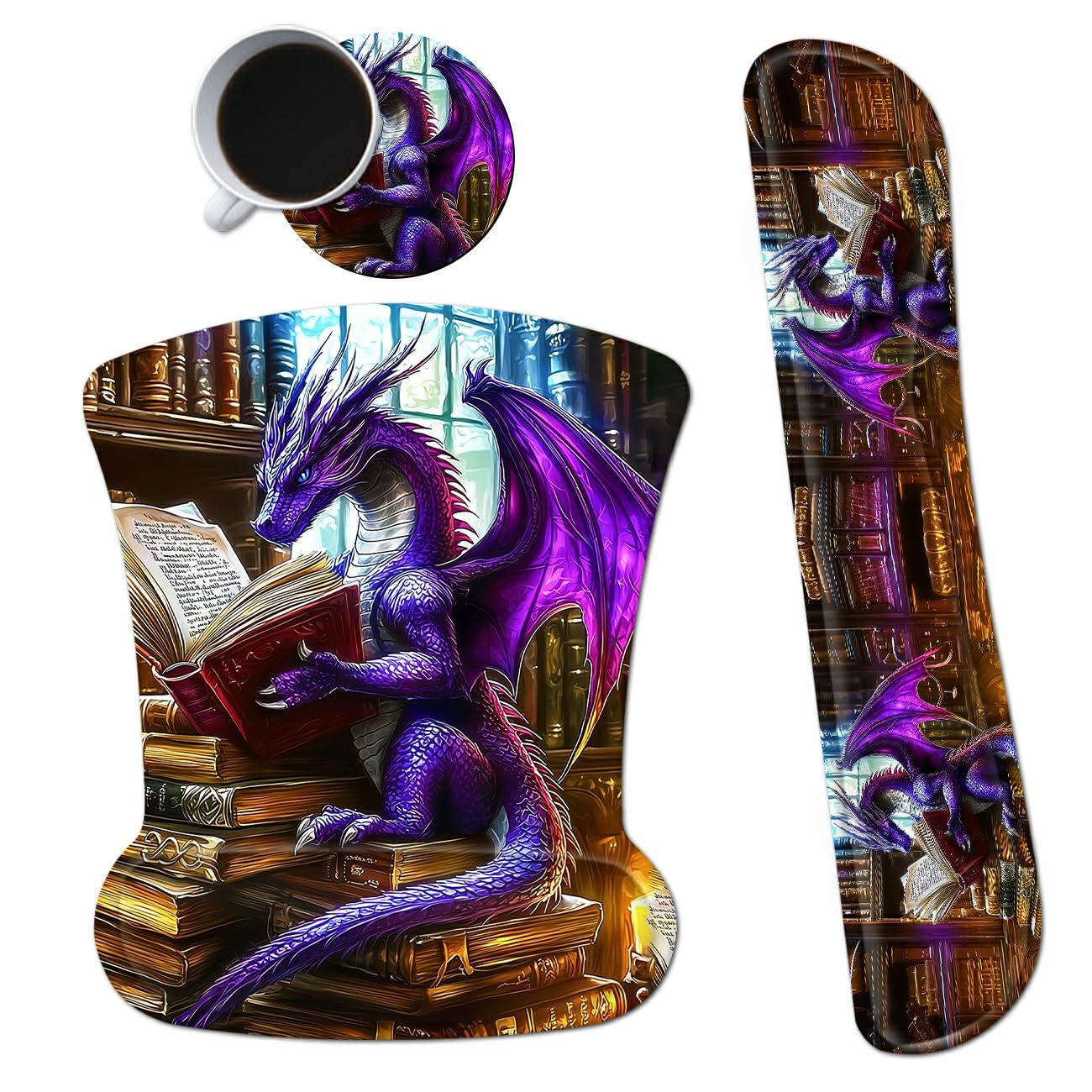 Dikoer 3Pcs Ergonomic Memory Foam Keyboard Wrist Rest Pad Set, Dragon Book