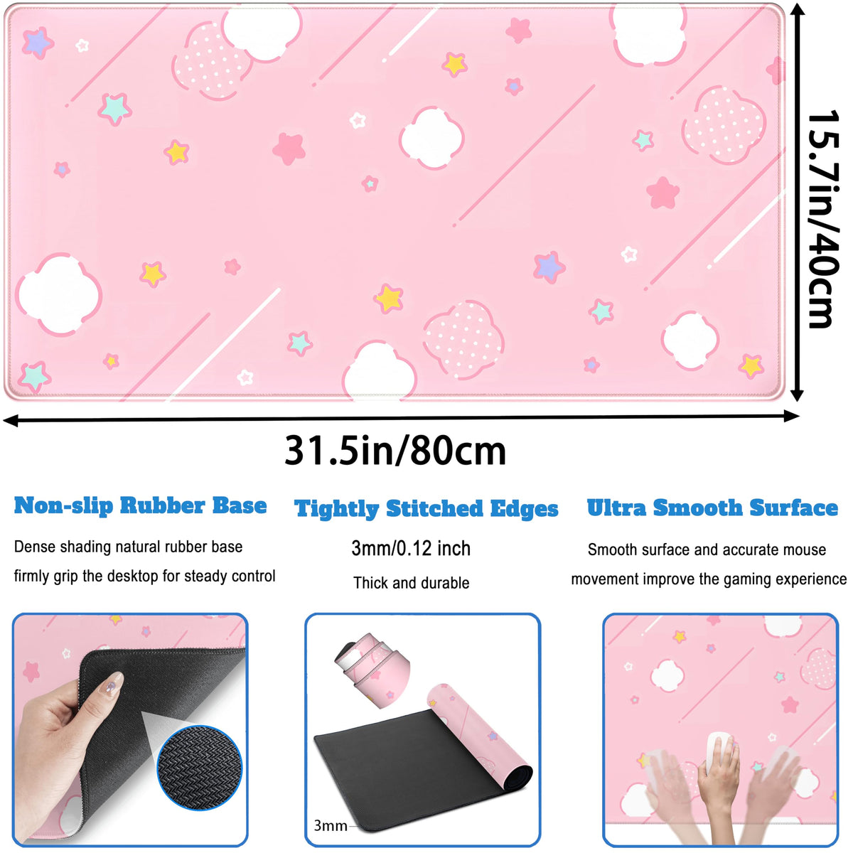 Pink Mouse Pad Large Desk Mat Gaming, Kawaii Desk Pads Stars Mouse Mat XXL Cute Keyboard Pad
