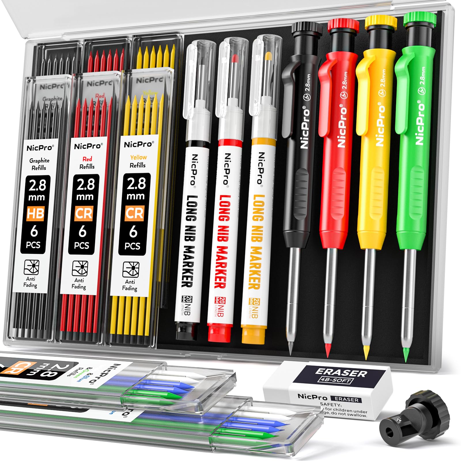Nicpro 4 Pack Carpenter Pencils with Sharpener, (Red, Black, Yellow, Green)