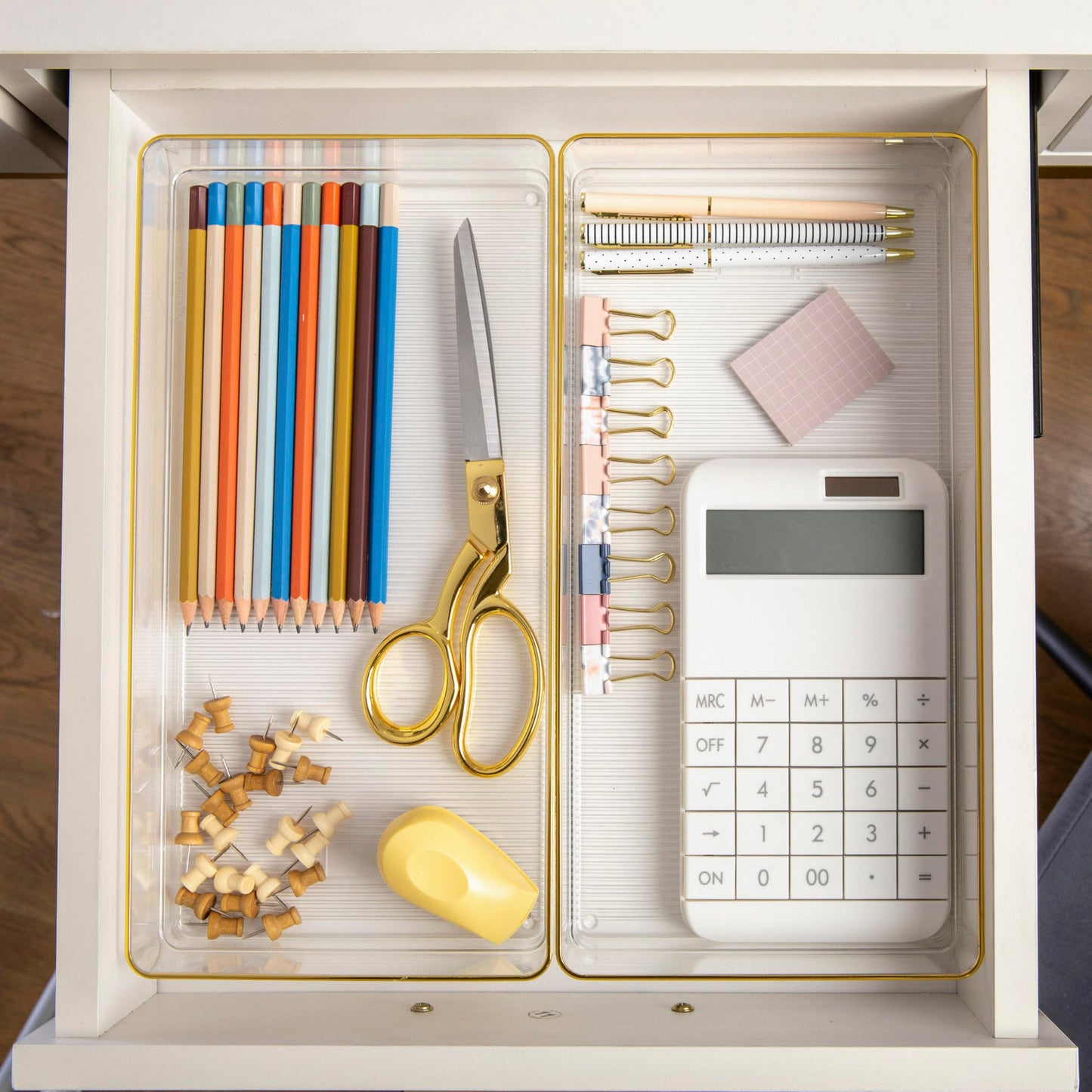 Martha Stewart Kerry Stackable Desk Drawer Organizers, Clear/Gold, 3-Pack