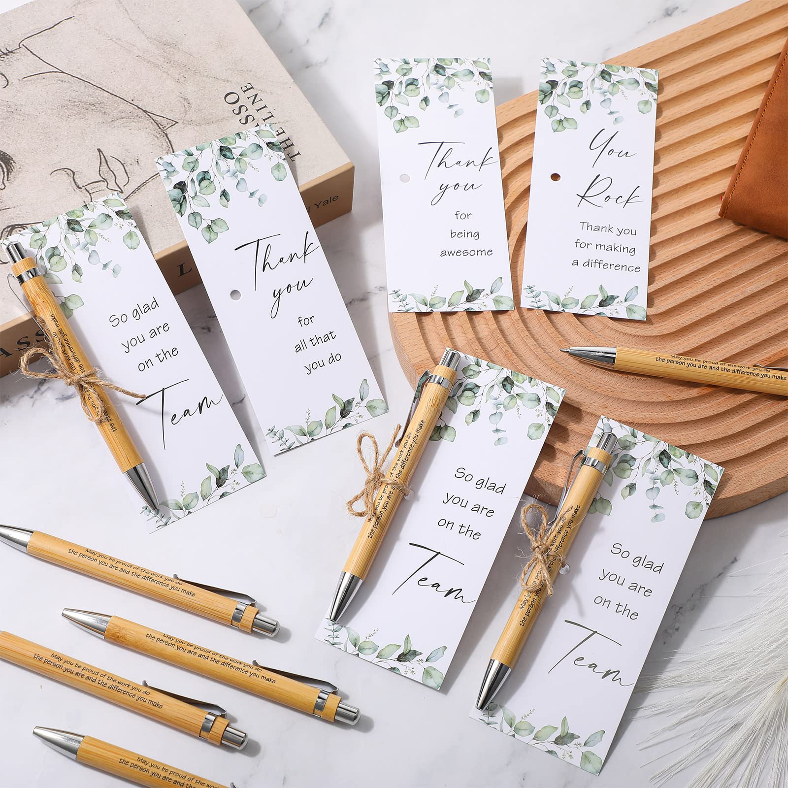 Yeaqee 48 Set Employee Appreciation Bamboo Pens with Thank You Cards