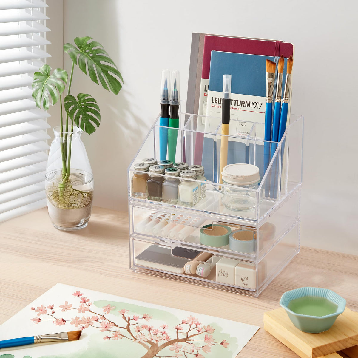 STORi Stackable Desk and Drawer Organizer, Clear, 6 Compartment Organizer with 2 Wide Drawers