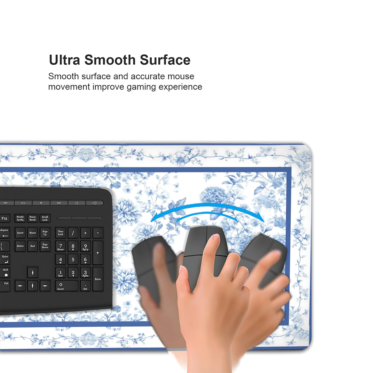 Floral Aesthetic Dahlia Gaming Mouse Pad, White Blue Rug Desk Mat with Anti-Slip Base & Stitched