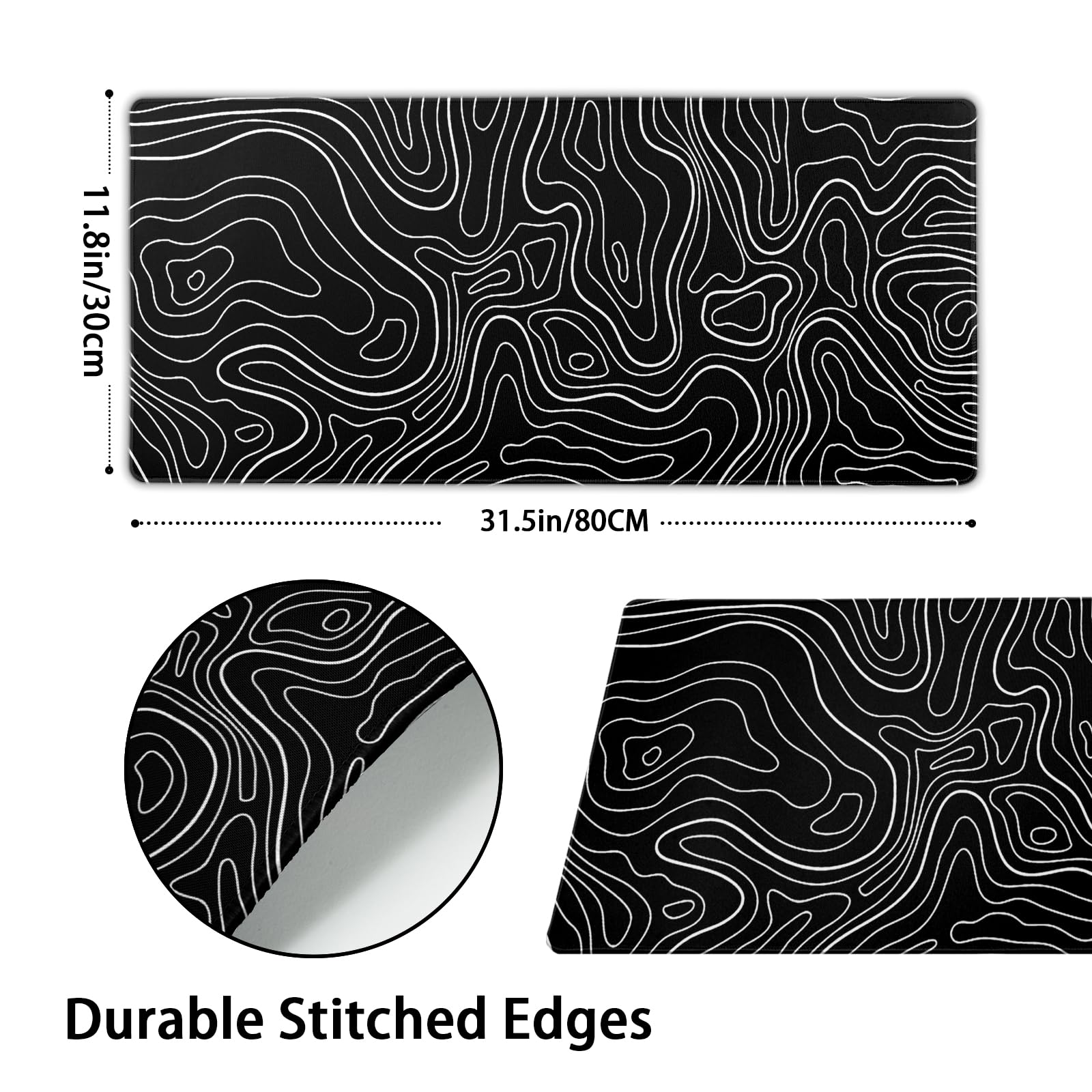 Kawani Topographic Contour Gaming Mouse Pad XL,Large Black Mouse Mat Desk Pad 31.5/inch x